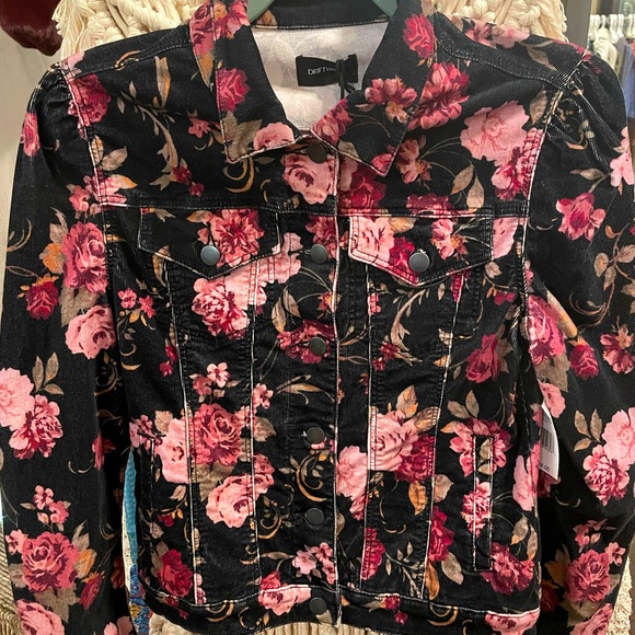 Driftwood corduroy jean jacket with floral print. - Picture 1 of 6